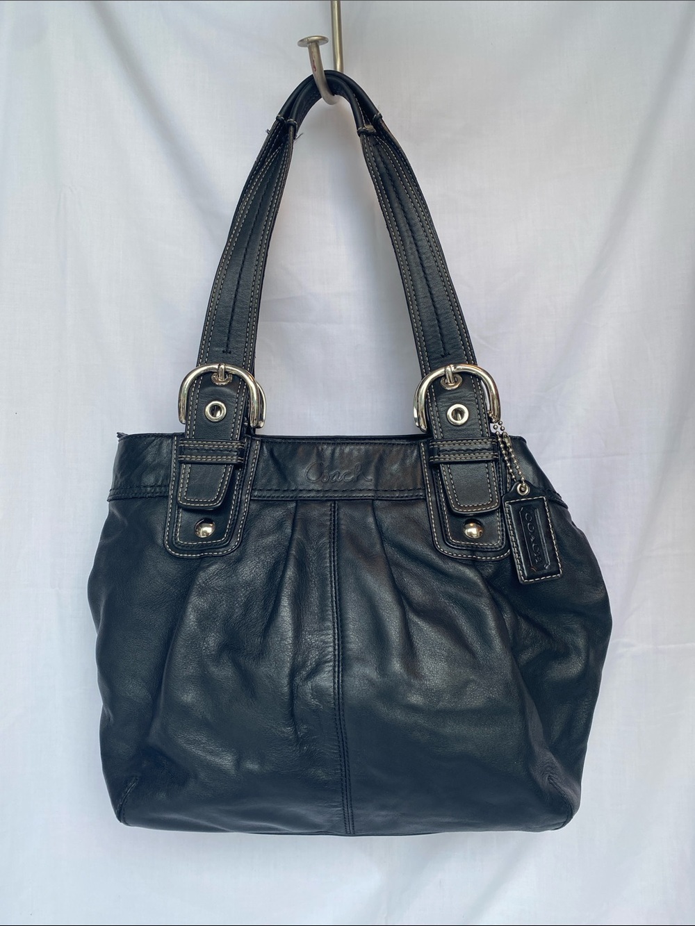 Coach F15045 Soho Pleated Leather Shoulder Tote Bag in Black